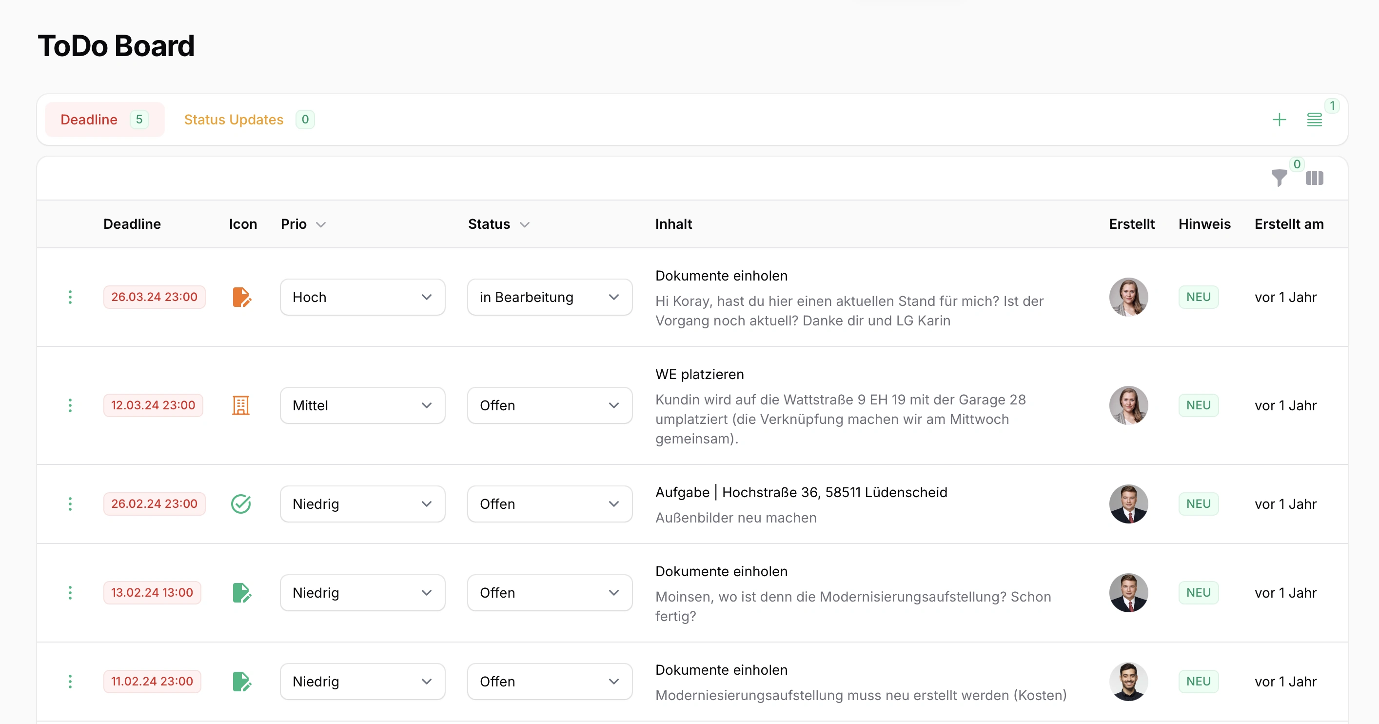ToDo Board Finance Estate Plattform